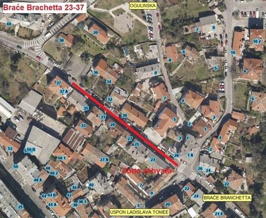 Prikaz zone zahvata na mjestimičnoj sanaciji kolnika ulice Braće Branchetta