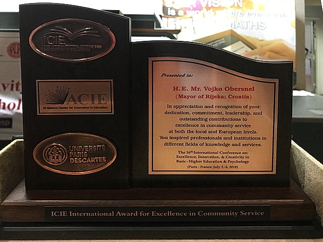 Međunarodna nagrada za izvrsnost u radu za opće dobro (ICIE International Award for Excellence in Community Service) za 2018. godinu koju dodjeljuje Međunarodni centar za inovacije u obrazovanju ICIE