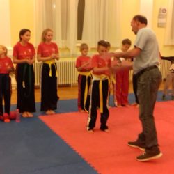 Predsjednik VMO Draga Ivica Širola svečano uručuje diplome sudionicima u prezentaciji kickboxing vještina