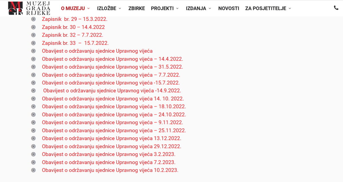 Pregled dostupnih zapisnika i obavijesti o sjednicama Muzejskog vijeća Muzeja grada Rijeke