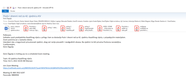 Slika poziva i dnevnog reda sjednice kazališnog vijeća održane u listopadu
